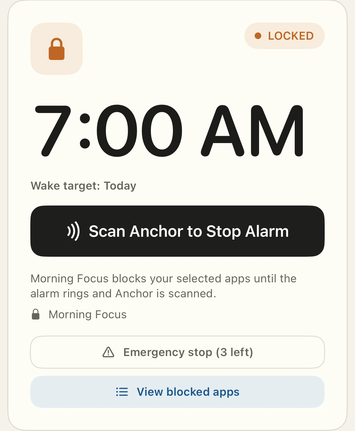 The real Anchor app showing a locked 7 AM alarm and the Scan Anchor to Stop Alarm button.