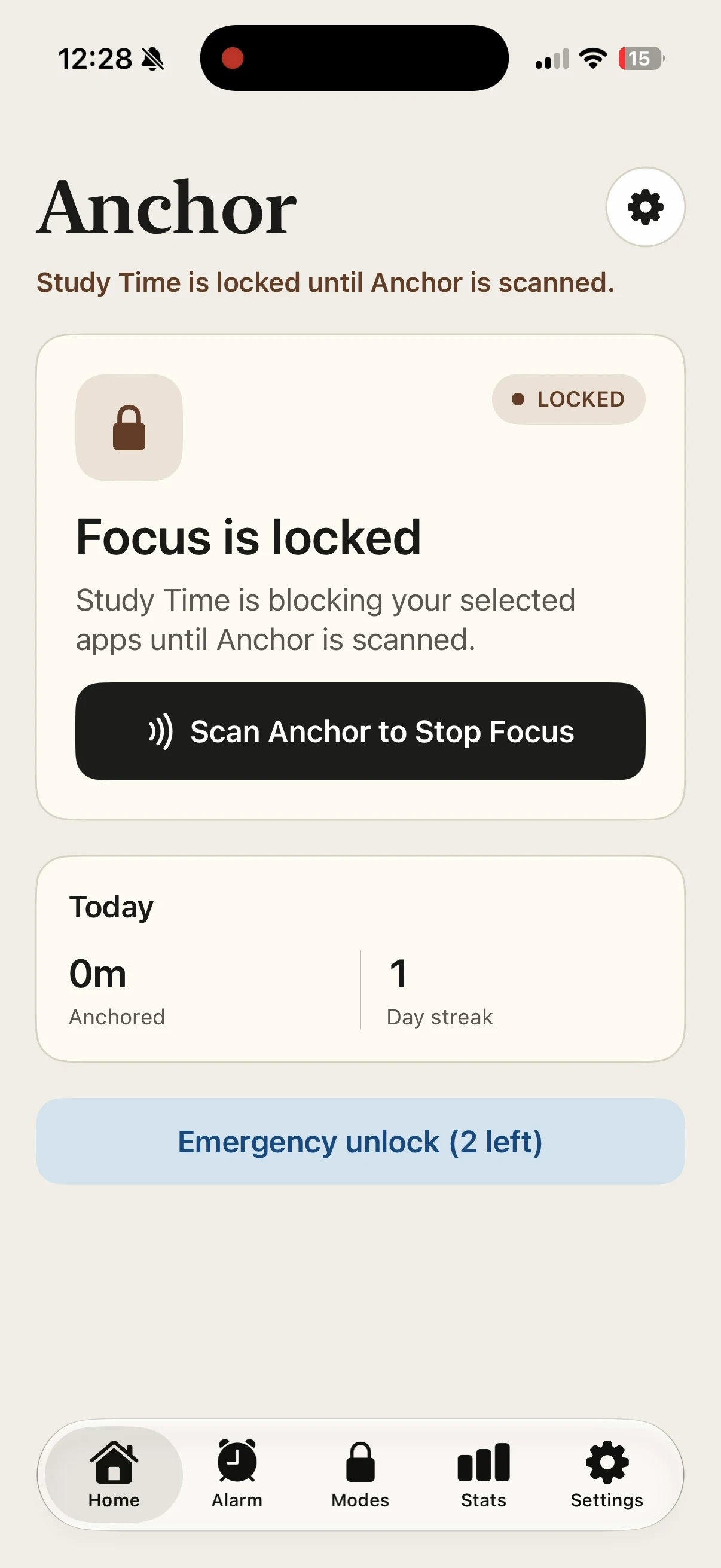 Anchor showing Study Time locked, selected apps blocked, and a Scan Anchor to Stop Focus button.