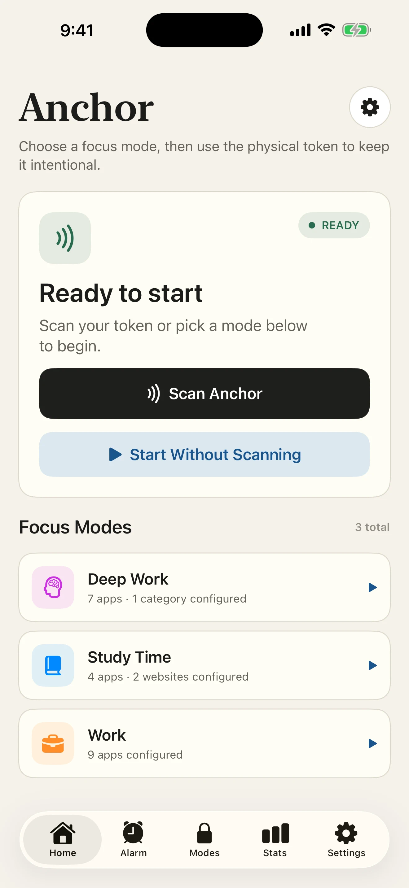 The Anchor home screen showing saved Deep Work, Study Time, and Work modes with controls to begin.