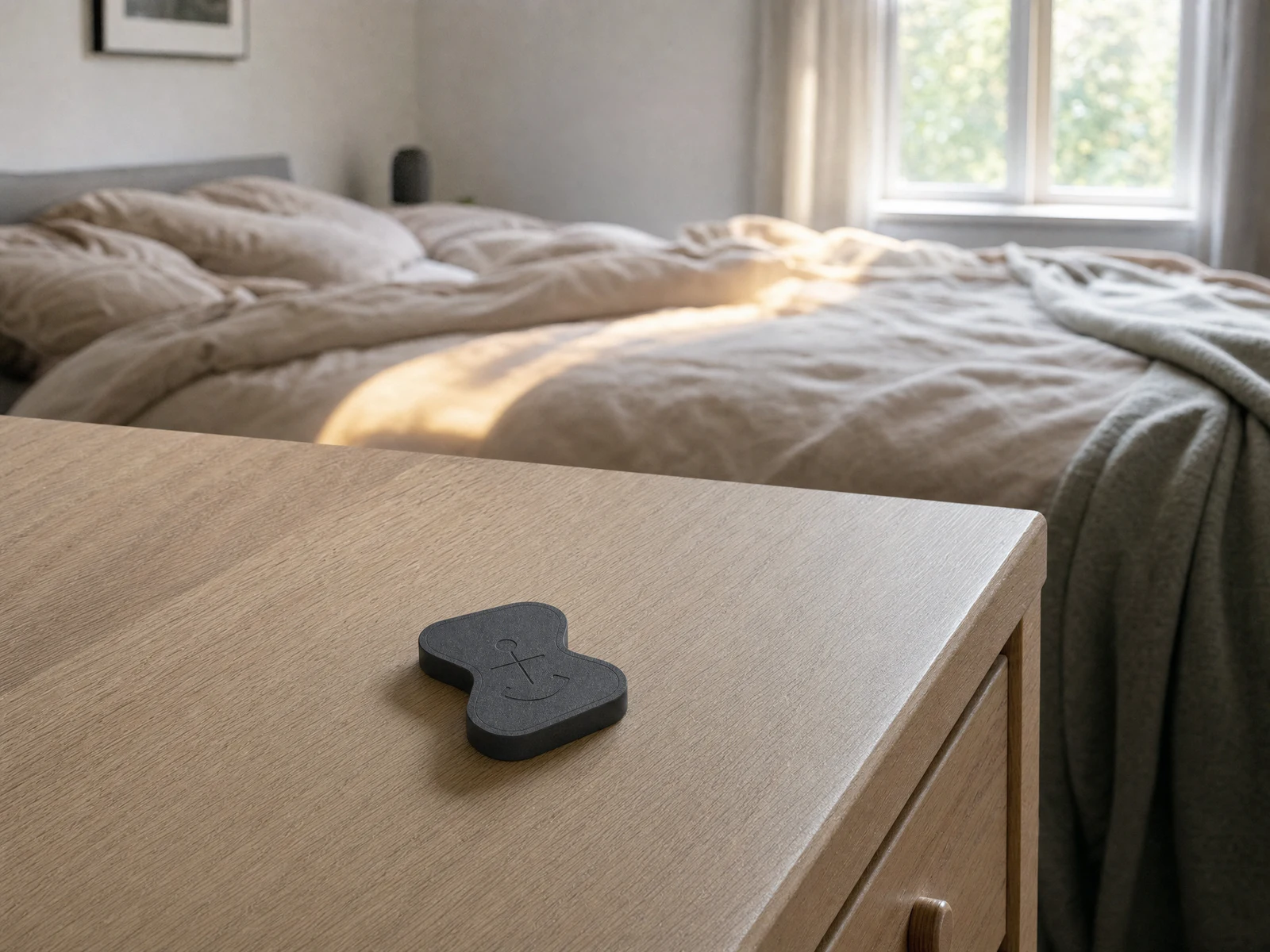 The current Anchor v5.9 device placed on a dresser away from an unmade bed.